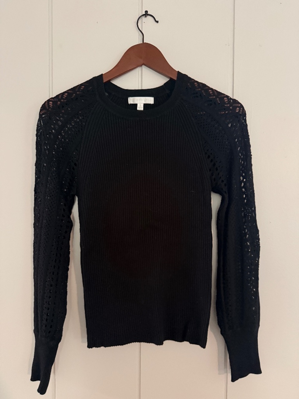 Design History S Black Ribbed Sweater Eyelet Openwork Sleeve Knit Top